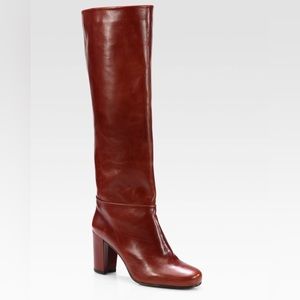 Stuart Weitzman Toujours Knee High Heeled Leather Boots in Reddish Brown, Size 9